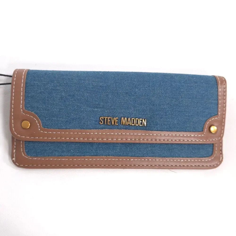 STEVE MADDEN Women's New Denim Snap Zip Wallet Blue Brown BDENNI
